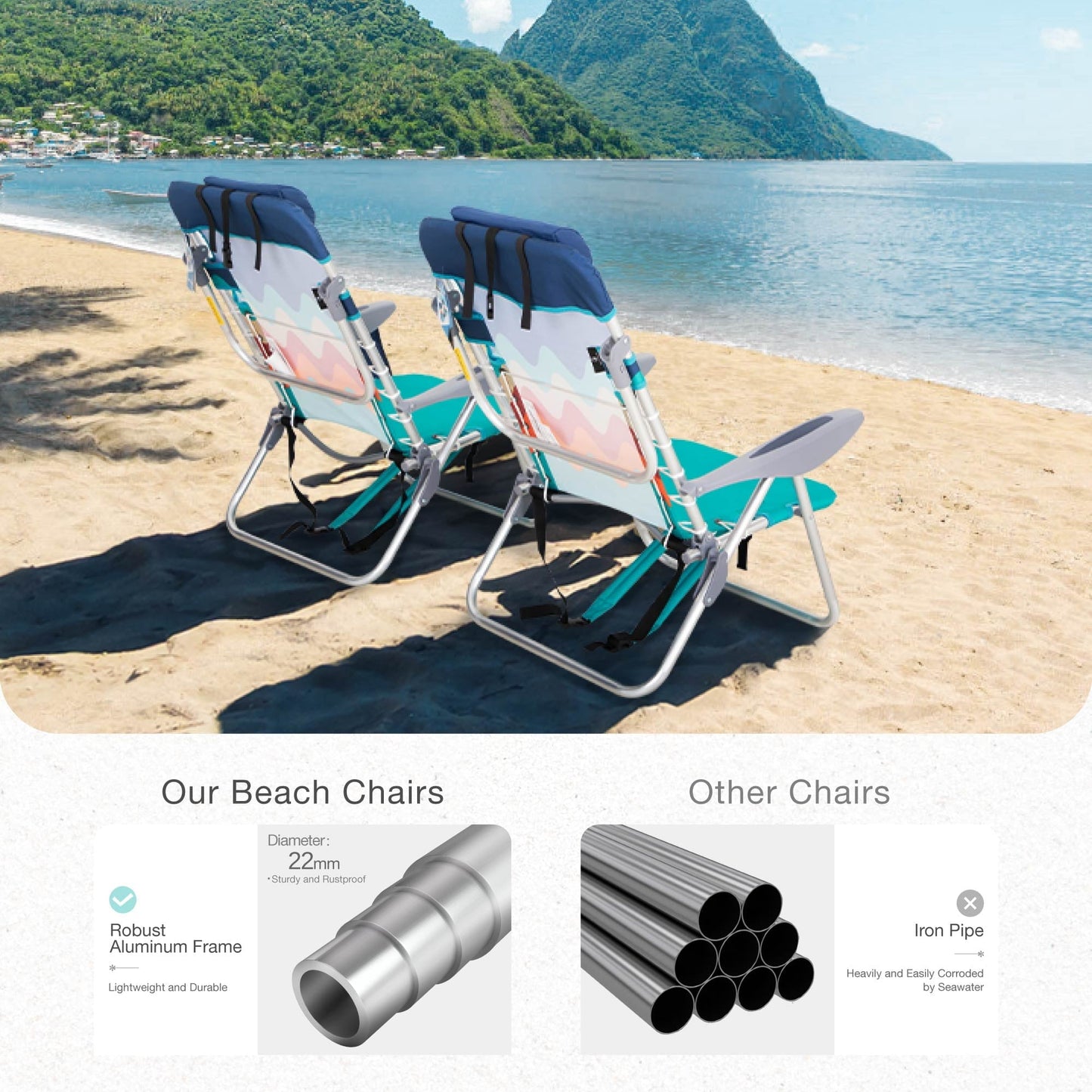 Sophia & William 2 Pack Folding Beach Chairs lightweight Outdoor Lounge Chair with 4 Adjustable Positions & Cooler Bag, Blue