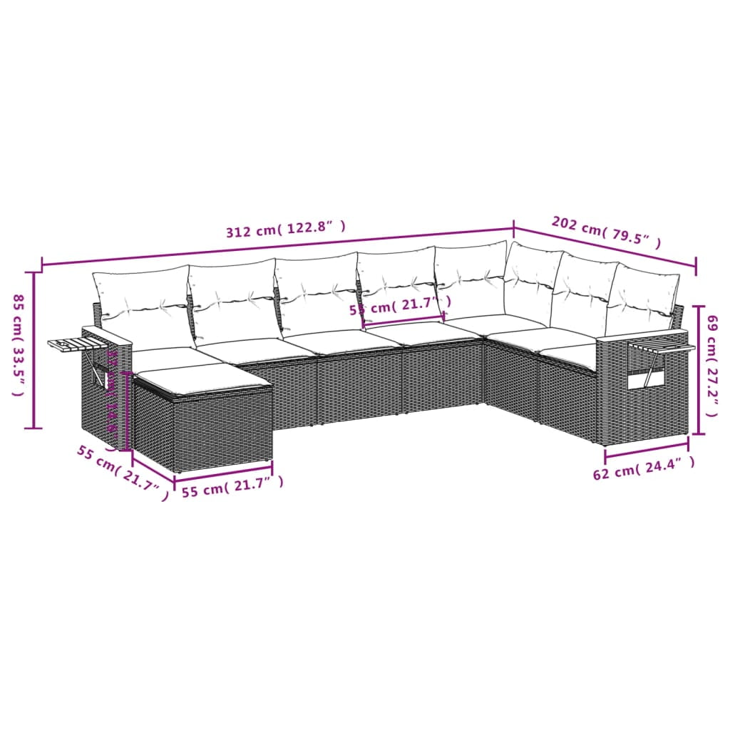 vidaXL Garden Sofa Set Grey PE rattan Large Adjustable Feet