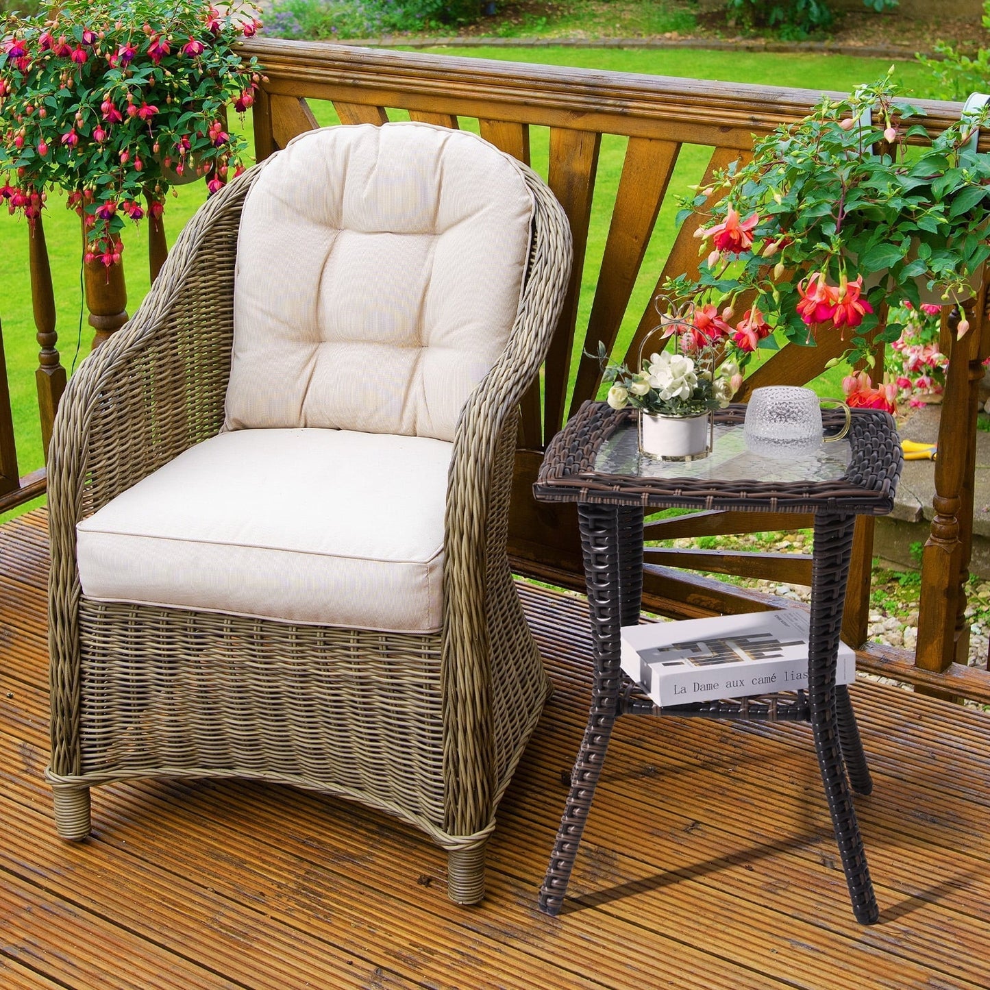 Buytoshop Outdoor Wicker Side Table, Rattan End Table with Glass Top, Patio Coffee Bistro Table for Garden Porch Balcony, Brown