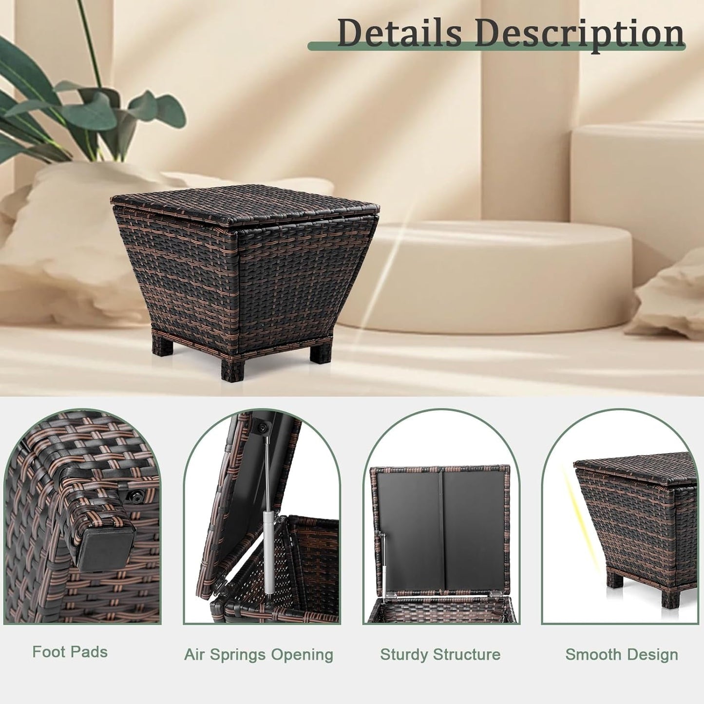 ETHFRF Outdoor Side Table with Storage, 27-Gallon Patio Deck Box Outdoor Wicker Side Table for Poolside Balcony Storage Table (Brown, Square)，Brown